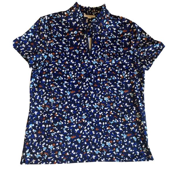 Chico’s Golf Style Blue Floral Cap Sleeve Half Zip Ruffle Top Size 0 (Small) - Picture 1 of 10